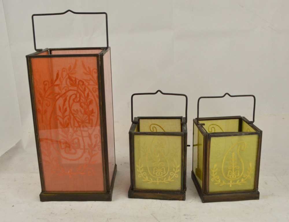 Set of 3 Metal Glass Candle Lanterns Paisley Botanical Orange Green Decorative